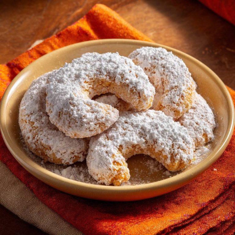 Vanillekipferl sind auf einem Teller angerichtet, bedeckt mit einer großzügigen Schicht Puderzucker. Die halbmondförmigen Kekse liegen nah beieinander.