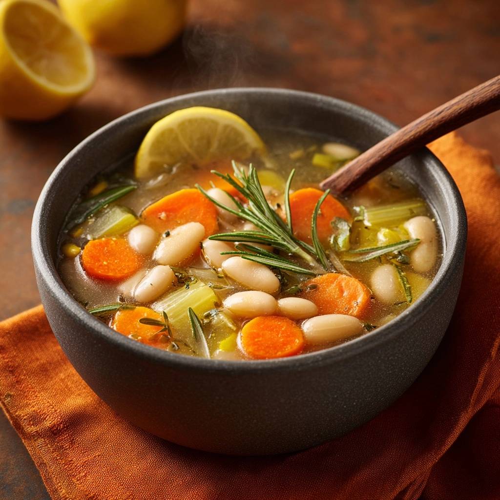 Weisse Bohnensuppe Mit Karotten Sellerie Rosmarin Nahaufnahm 1 Frische Weiße Bohnensuppe mit Karotten, Sellerie & Rosmarin, serviert mit einer Zitronenscheibe und frischem Rosmarin garniert.