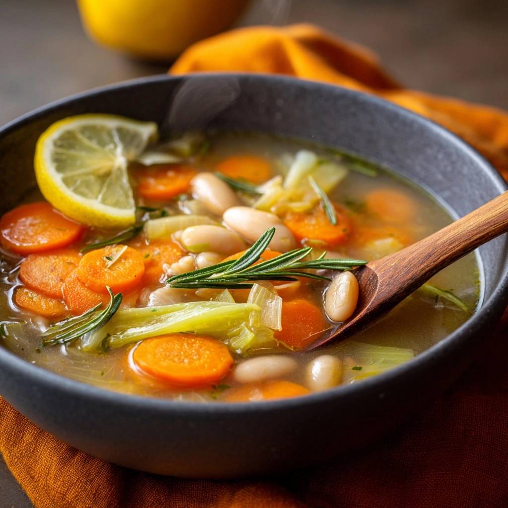 Frische Weiße Bohnensuppe mit Karotten, Sellerie und Rosmarin, nahaufnahme mit Holzloeffel und Zitronenscheibe.