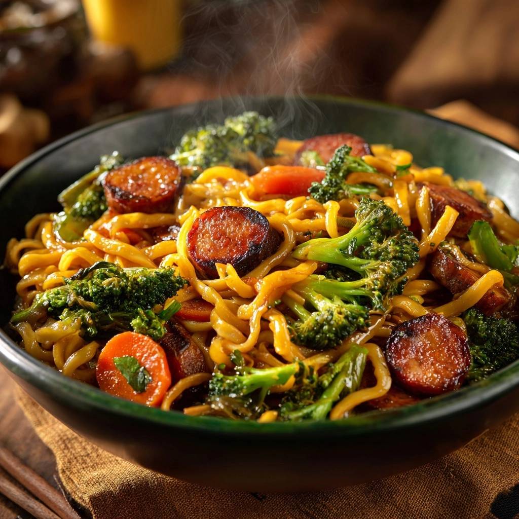 Wok-Nudeln mit Brokkoli, Karotten und Würstchen in einer Nahaufnahme, dampfend und servierfertig in einer Schüssel. Der Teller ist mit farbenfrohem Essen gefüllt.