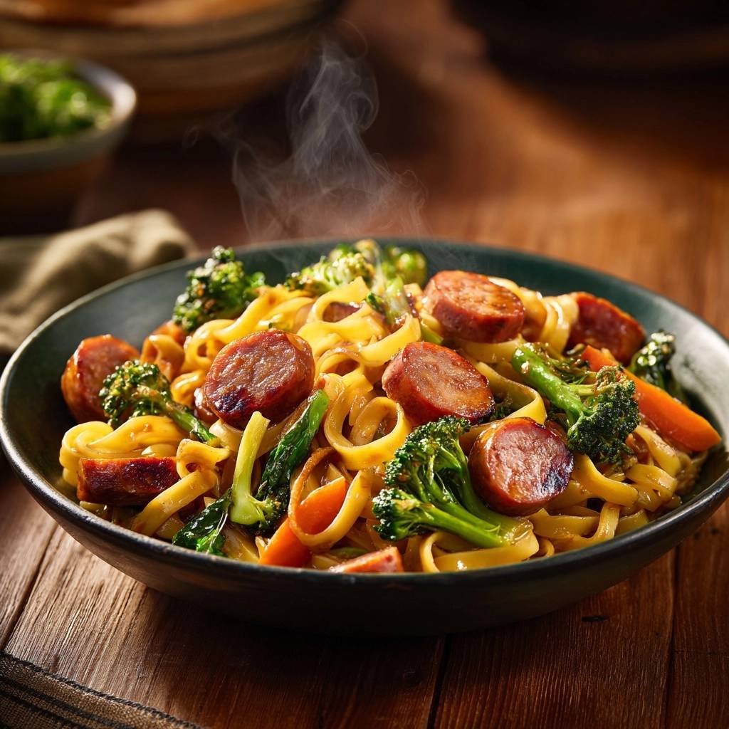 Wok-Nudeln mit Brokkoli, Karotten & Würstchen in einer Nahaufnahme, die das dampfende Gericht in einer Schüssel zeigt.