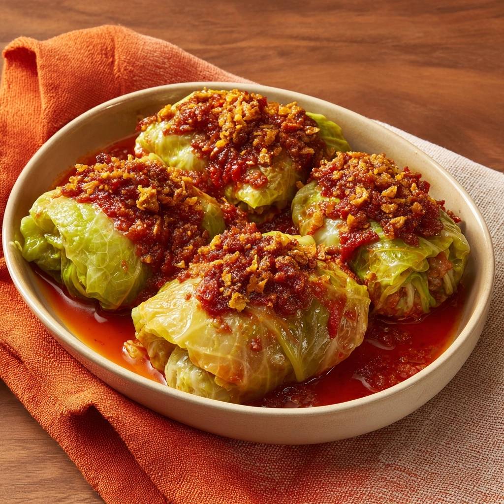 Würzige Hack-Kohlrouladen, serviert in einer Schüssel, von oben betrachtet. Die Kohlrouladen sind mit einer würzigen Tomatensauce bedeckt.