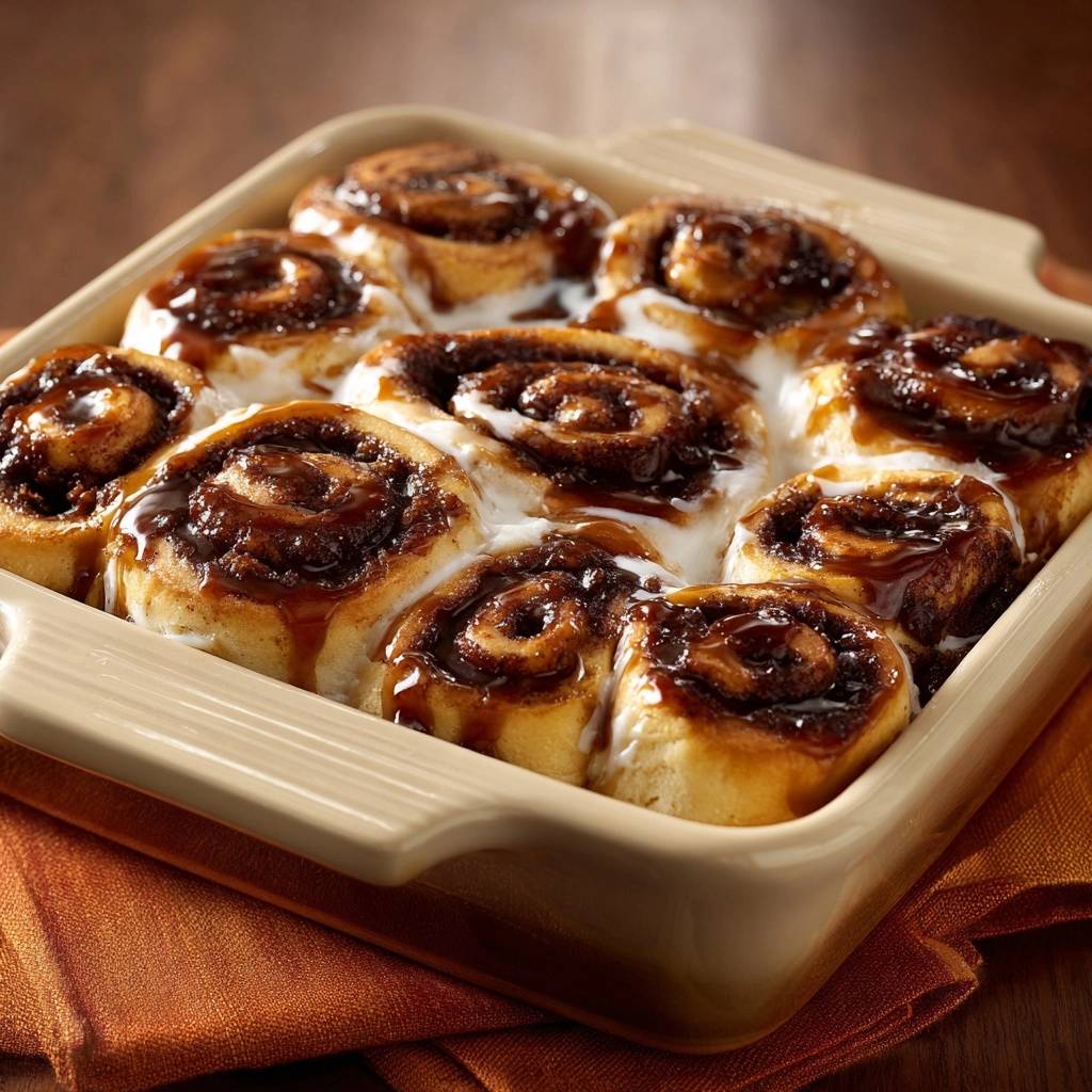 Zimtschnecken Mit Karamellguss Draufsicht 1 Zimtschnecken mit Karamellguss in einer Auflaufform, frisch gebacken und mit klebrigem Karamell bedeckt. Die Zimtschnecken sind von oben fotografiert.