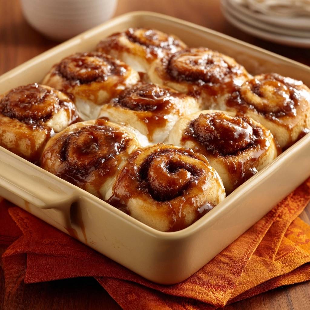 Zimtschnecken mit Karamellguss, frisch gebacken und in einer Auflaufform serviert, mit verführerischem, glänzendem Karamell überzogen.