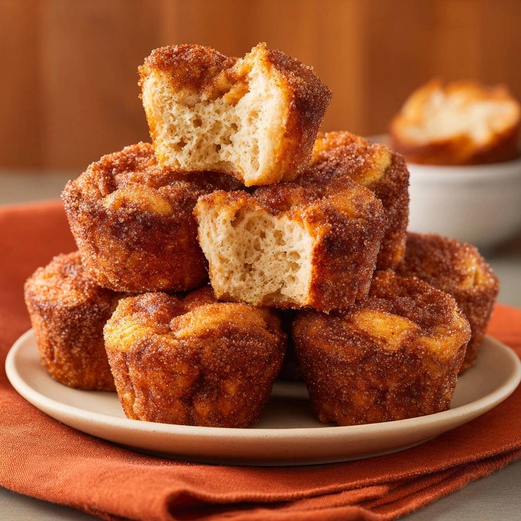 Zimtzucker-Muffins präsentieren hier einen verlockenden Querschnitt, der die fluffige Textur und den köstlichen Zimtzucker-Belag zeigt.