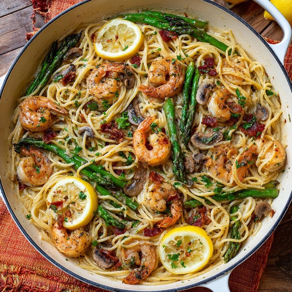 Zitronige Garnelen-Spargel-Spaghetti in einer Pfanne von oben betrachtet. Das Gericht ist mit Zitronenscheiben, Spargel und Garnelen garniert.