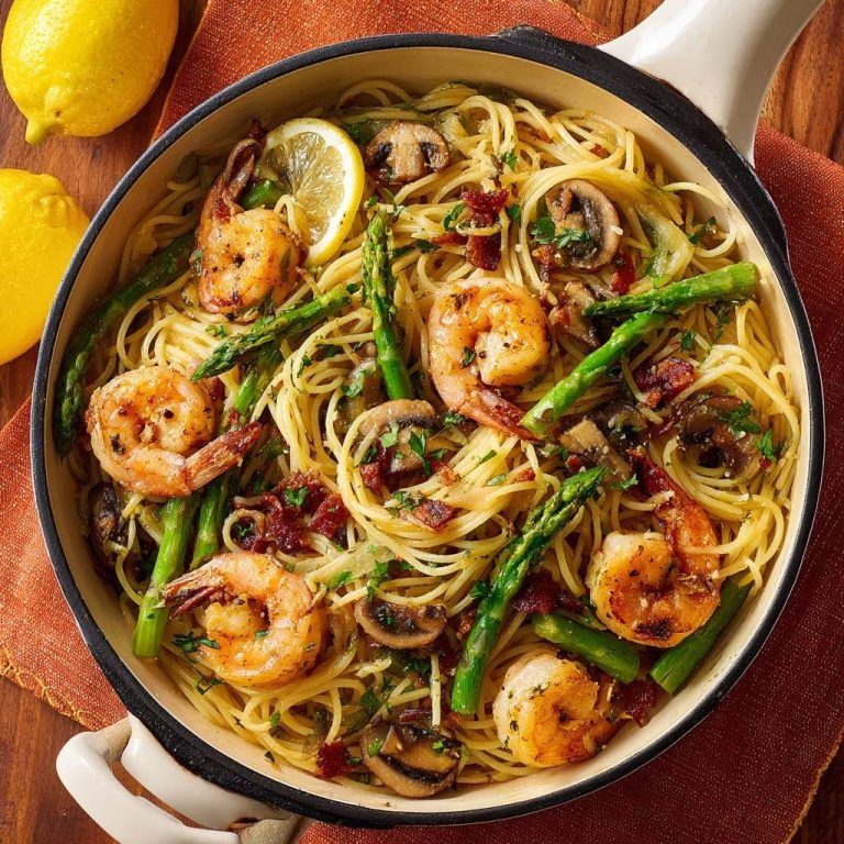 Zitronige Garnelen-Spargel-Spaghetti in einer Pfanne von oben betrachtet, mit Garnelen, Spargel, Pilzen und Zitronenscheibe garniert.