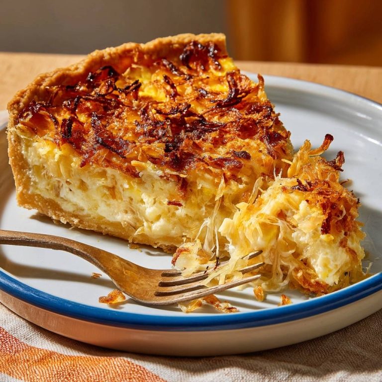 Zucchini-Käse-Quiche mit knuspriger Kruste im Anschnitt, der die cremige Füllung und die knusprige Kruste zeigt. Auf einem Teller serviert, bereit zum Genießen.