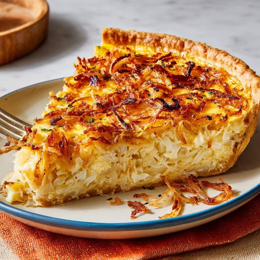 Zucchini Kase Quiche Querschnitt Serviert 1 Zucchini-Käse-Quiche mit knuspriger Kruste, serviert auf einem Teller, zeigt einen verlockenden Querschnitt mit goldbraunen Zwiebeln.