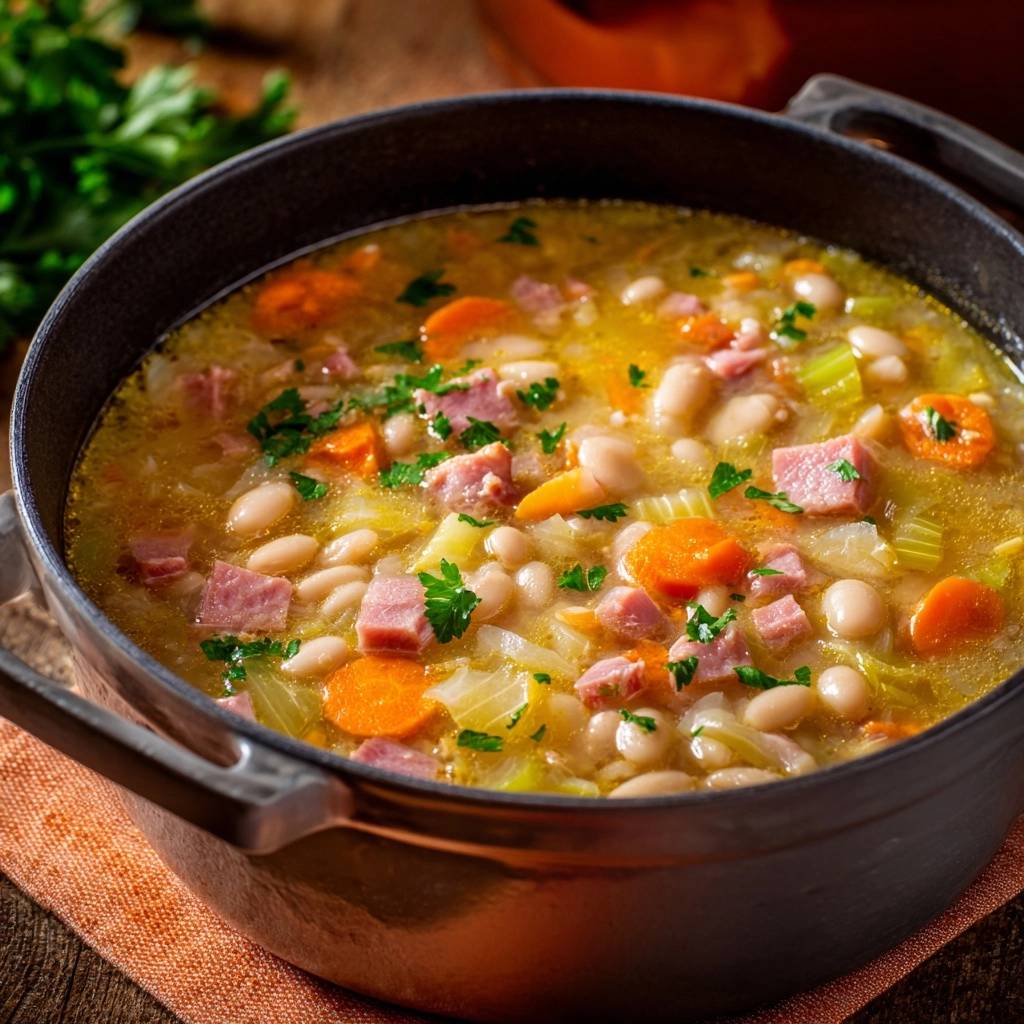 Cremiger Bohneneintopf mit Speck, Karotten und Lauch