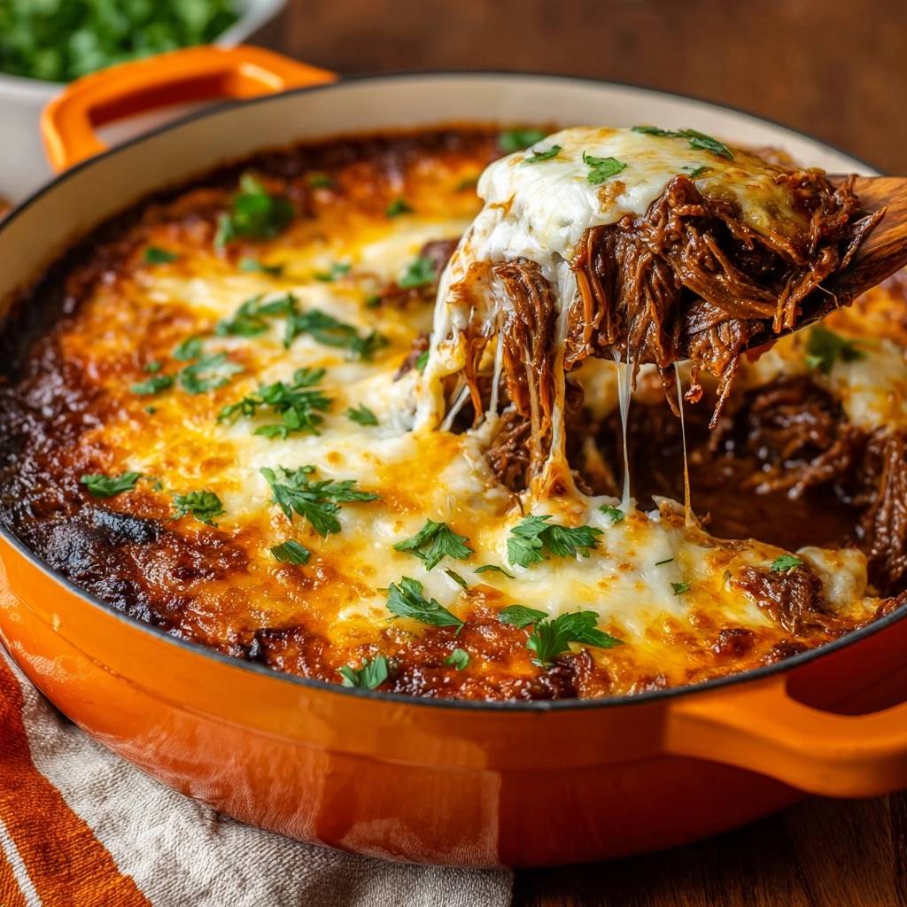 Käseüberbackenes Pulled Rindfleisch