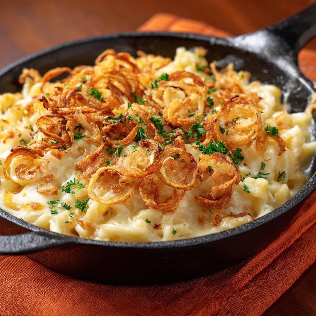 Cremige Käsemakkaroni mit knusprigen Zwiebeln