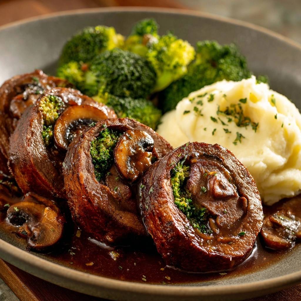 Saftige Pilzrouladen mit Püree und Brokkoli