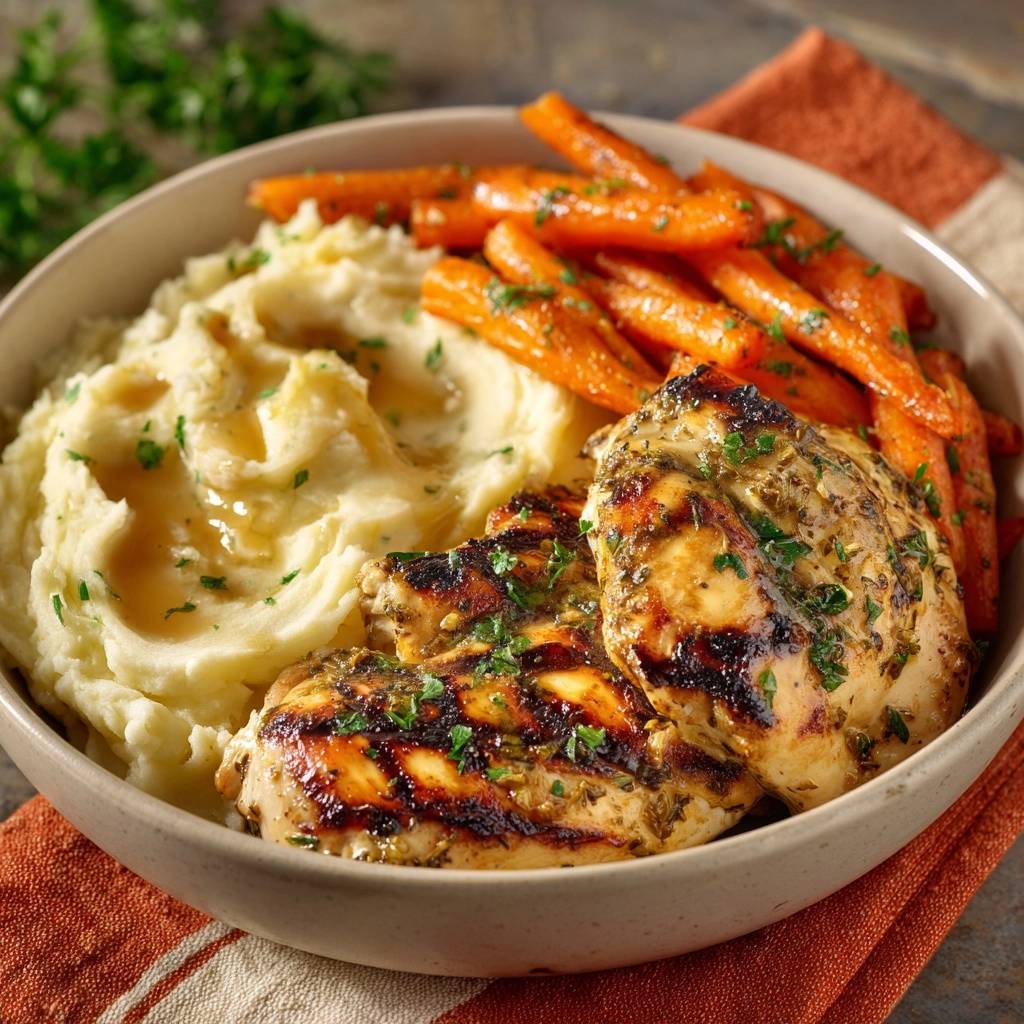 Saftiges Gegrilltes Hähnchen mit cremigem Kartoffelpüree und Honigkarotten
