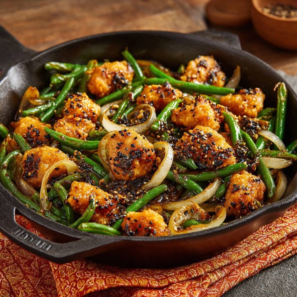 Knuspriges Sesam-Hähnchen mit grünen Bohnen