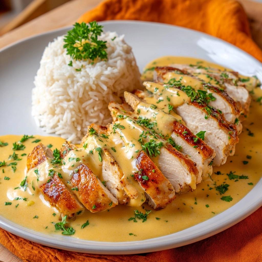 Saftiges Hähnchen in cremiger Senfsoße mit Reis
