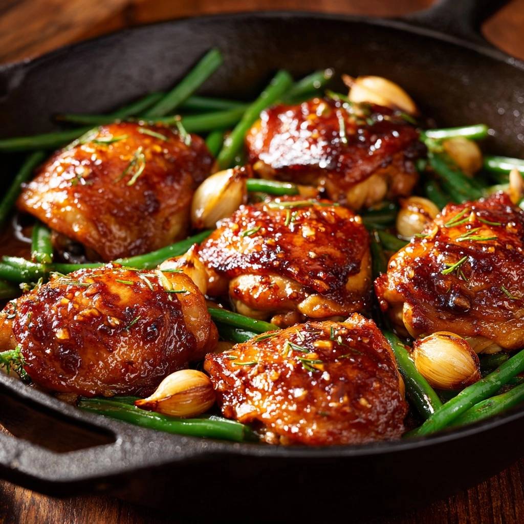 Glasiertes Hähnchen mit grünen Bohnen und Knoblauch