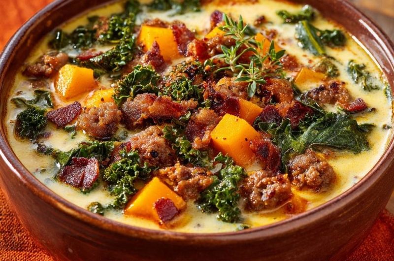 Cremige Grünkohl-Kürbis-Suppe mit Wurst und Speck