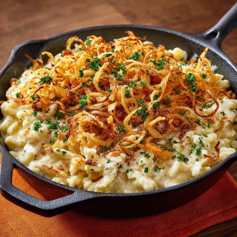 Cremige Käsemakkaroni mit knusprigen Zwiebeln – Rezept