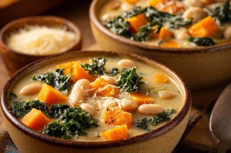 Cremige Kürbis-Bohnen-Suppe mit Grünkohl