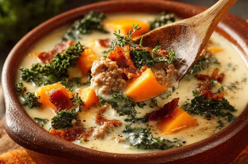 Cremige Kürbis-Grünkohl-Suppe mit Hackbällchen & Speck