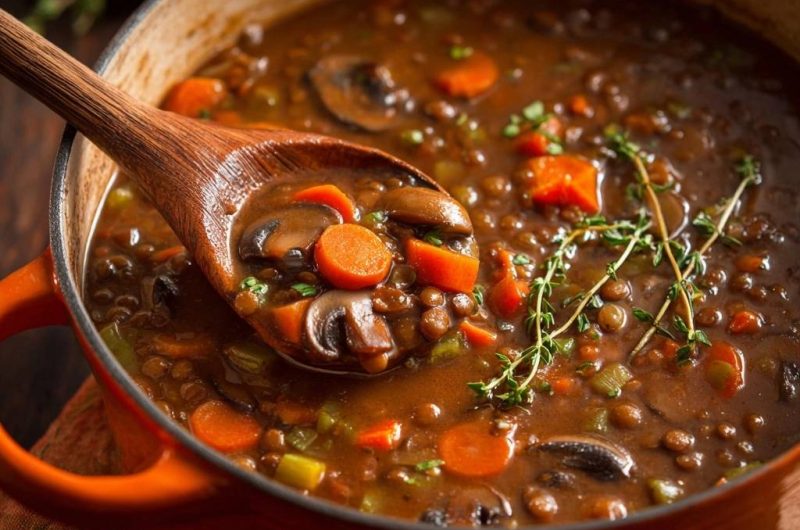 Cremiger Linseneintopf mit Pilzen und Karotten