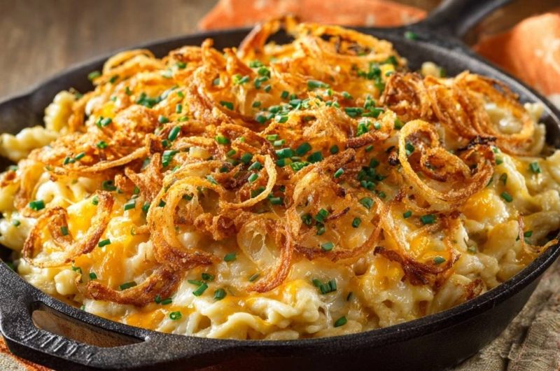 Cremiger Mac and Cheese mit knusprigen Zwiebeln