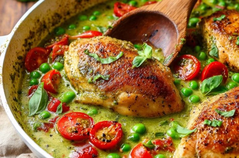 Cremiges Pesto-Hähnchen mit Erbsen & Tomaten