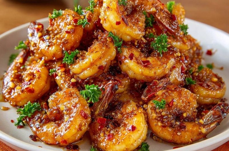 Glänzende Knoblauch-Chili-Garnelen