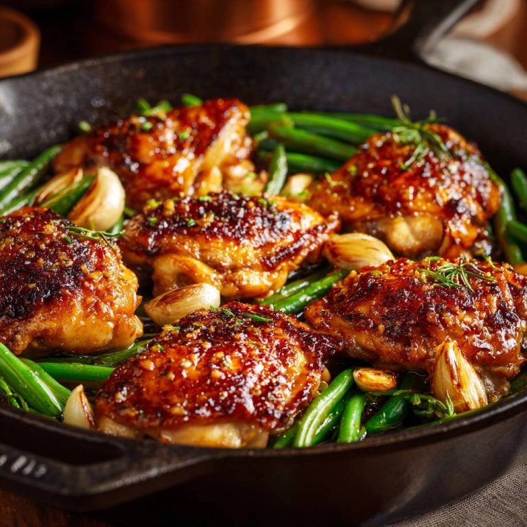 Glasiertes Hähnchen mit grünen Bohnen und Knoblauch