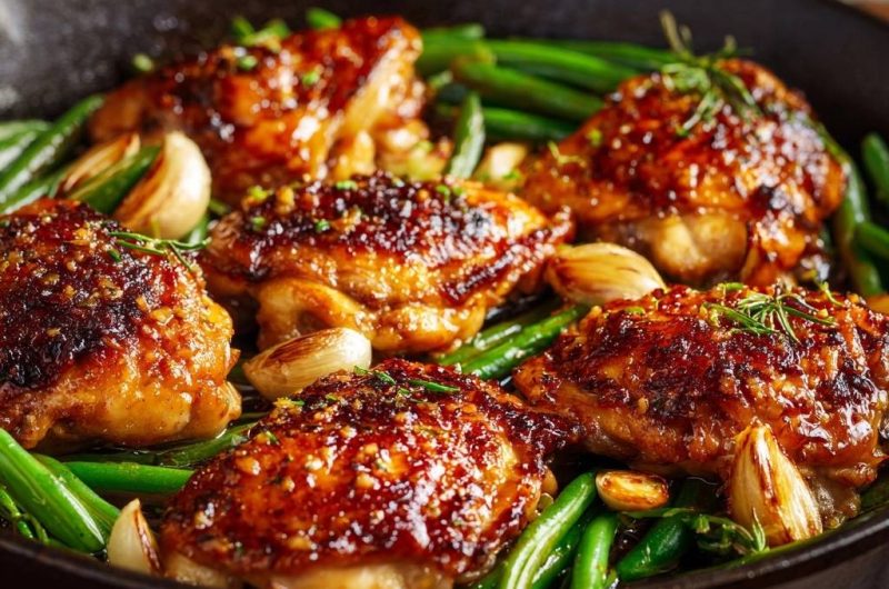 Glasiertes Hähnchen mit grünen Bohnen und Knoblauch
