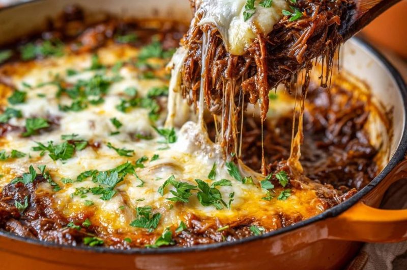 Käseüberbackenes Pulled Rindfleisch