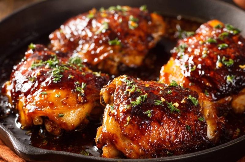 Klebriges Honig-Orangen-Hähnchen aus einer Pfanne