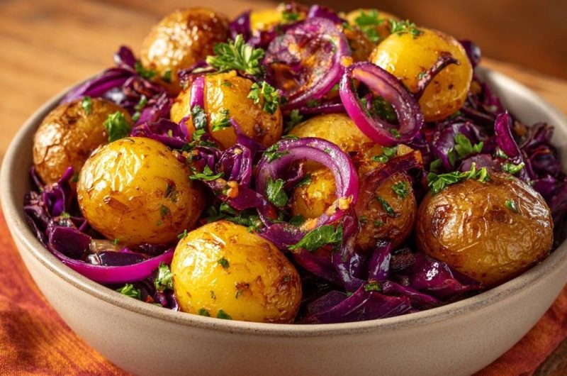 Knusprige Babykartoffeln mit Rotkohl und Zwiebeln