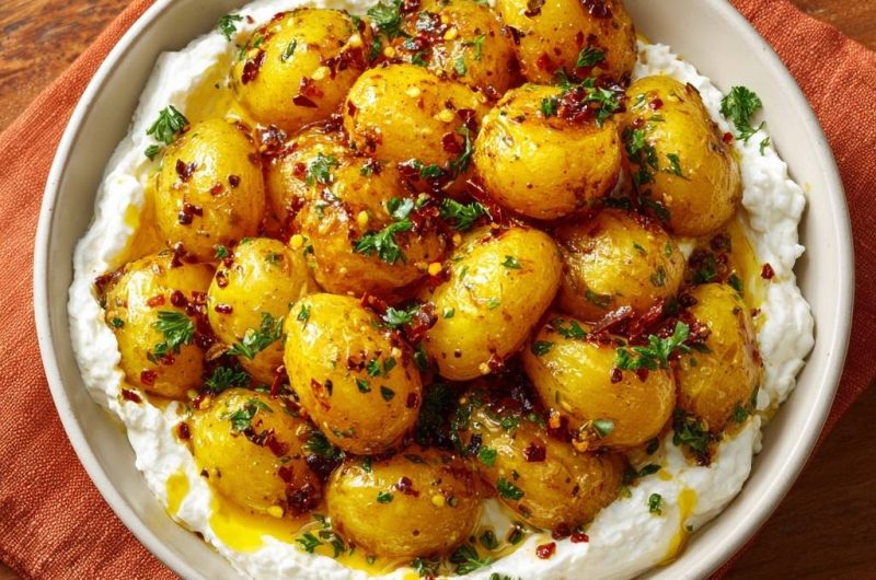 Knusprige Chili-Babykartoffeln auf cremigem Dip