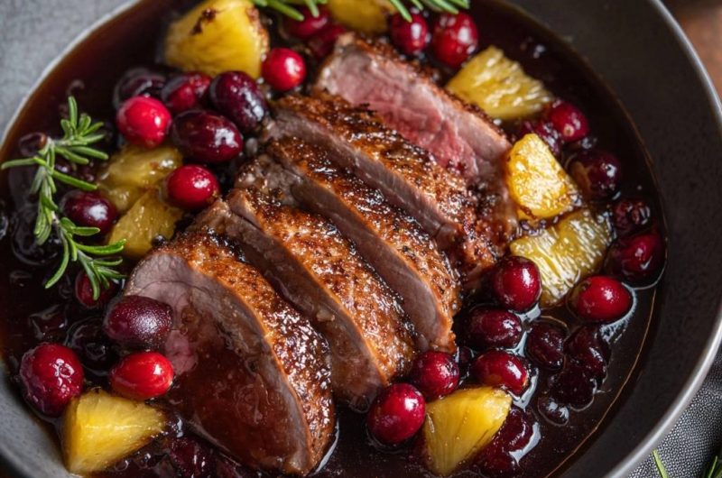 Knusprige Entenbrust mit Cranberry-Ananas-Soße