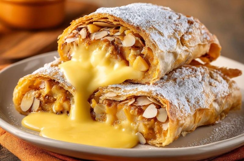 Knuspriger Apfel-Mandel-Strudel mit Vanillesauce