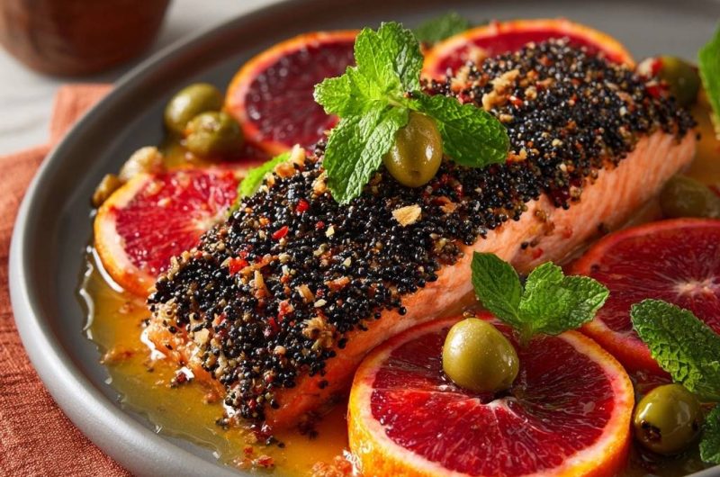 Knuspriger Sesam-Lachs mit Blutorangen-Glaze