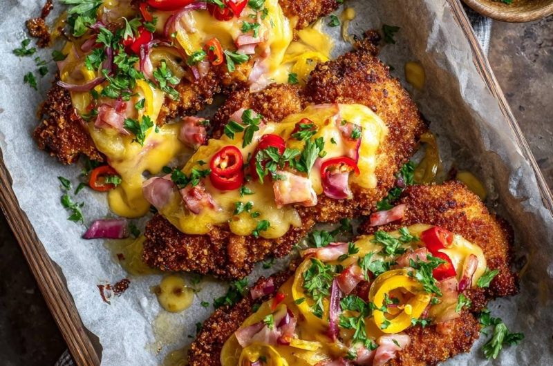 Knuspriges Hähnchen-Schnitzel mit scharfer Paprika-Käse-Ham-Kruste