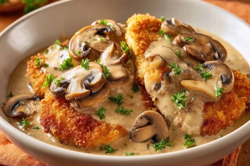 Knuspriges Hähnchenschnitzel mit Champignon-Rahmsauce