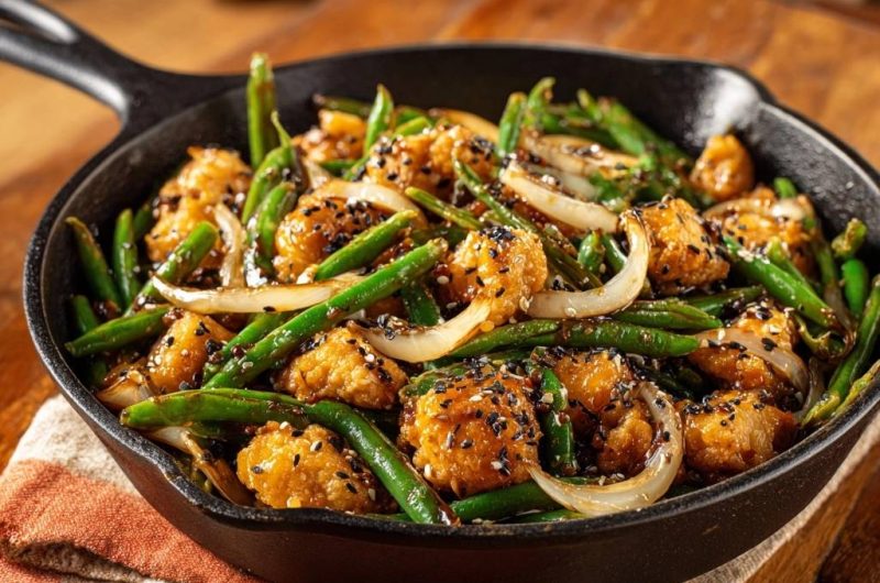 Knuspriges Sesam-Hähnchen mit grünen Bohnen