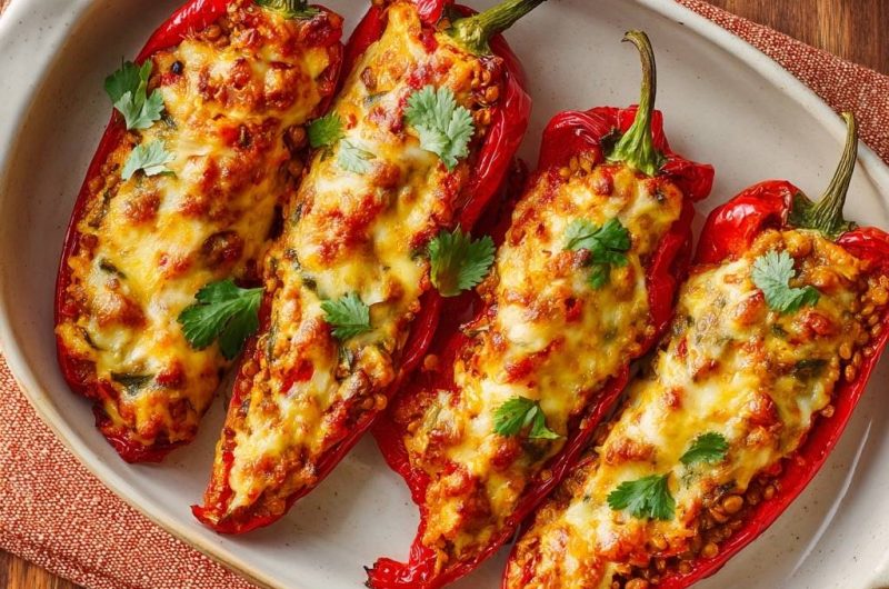Linsen-gefüllte Paprika mit Käsekruste