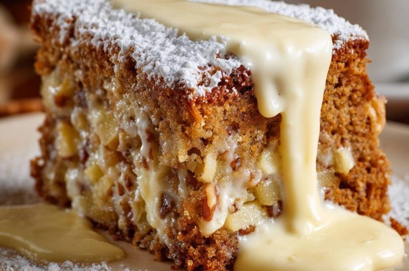 Saftiger Apfel-Walnuss-Kuchen mit Vanillesauce