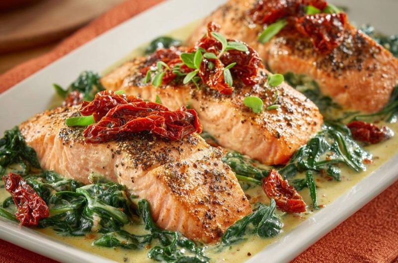 Saftiger Lachs mit cremiger Spinat-Tomaten-Soße