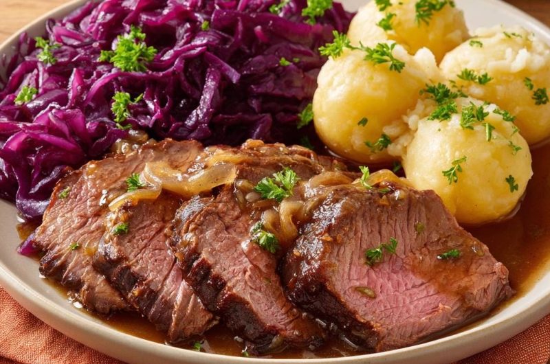 Saftiger Rinderbraten mit Rotkohl und Kartoffelknödeln
