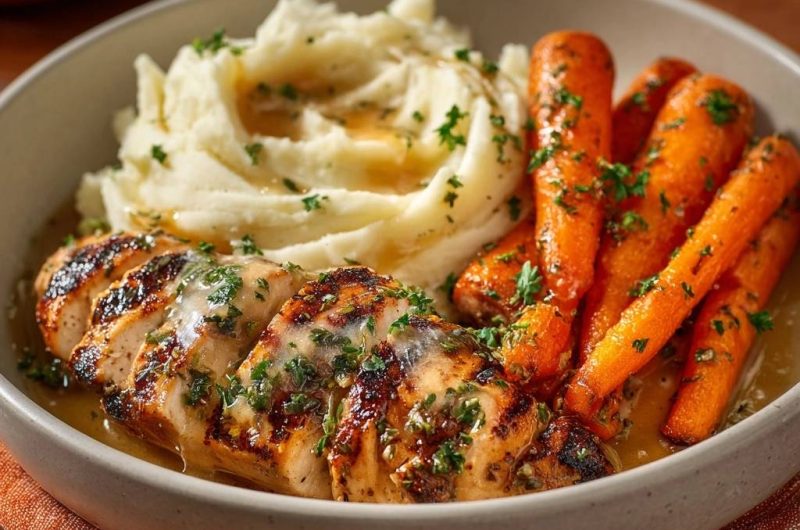 Saftiges Gegrilltes Hähnchen mit cremigem Kartoffelpüree und Honigkarotten