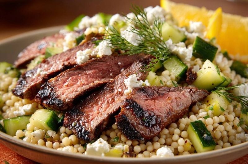 Saftiges Gegrilltes Rindersteak mit Gurken-Feta-Couscous