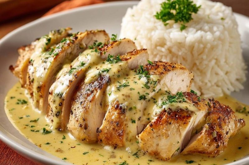 Saftiges Hähnchen in cremiger Senfsoße mit Reis