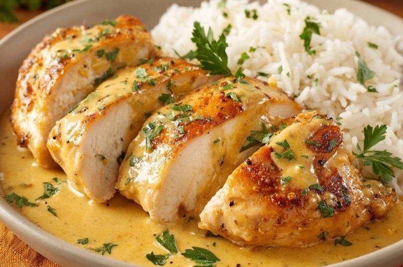 Saftiges Hähnchen in cremiger Zitronensauce mit Reis