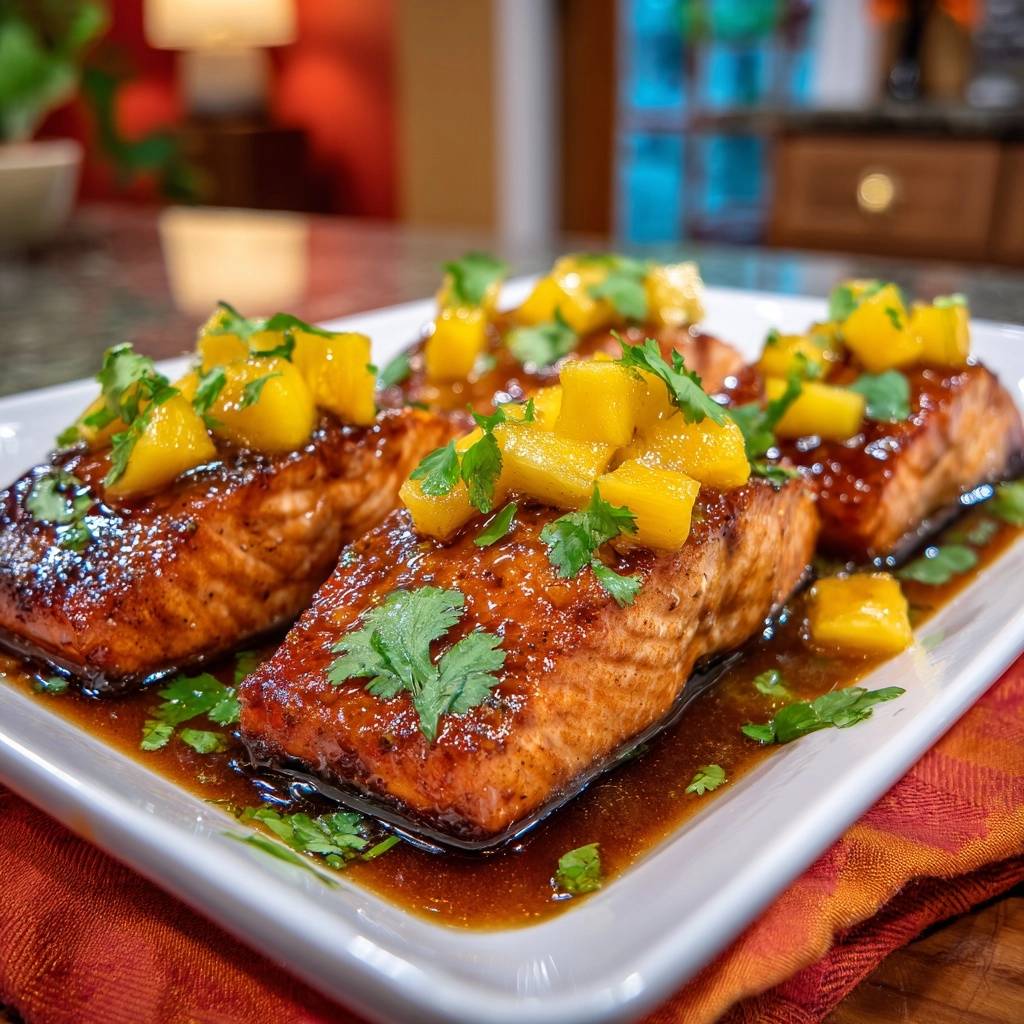 Ananas-glasiertes Lachsfilet serviert auf einem weißen Teller, garniert mit frischer Mango und Koriander, in einer köstlichen Glasur.